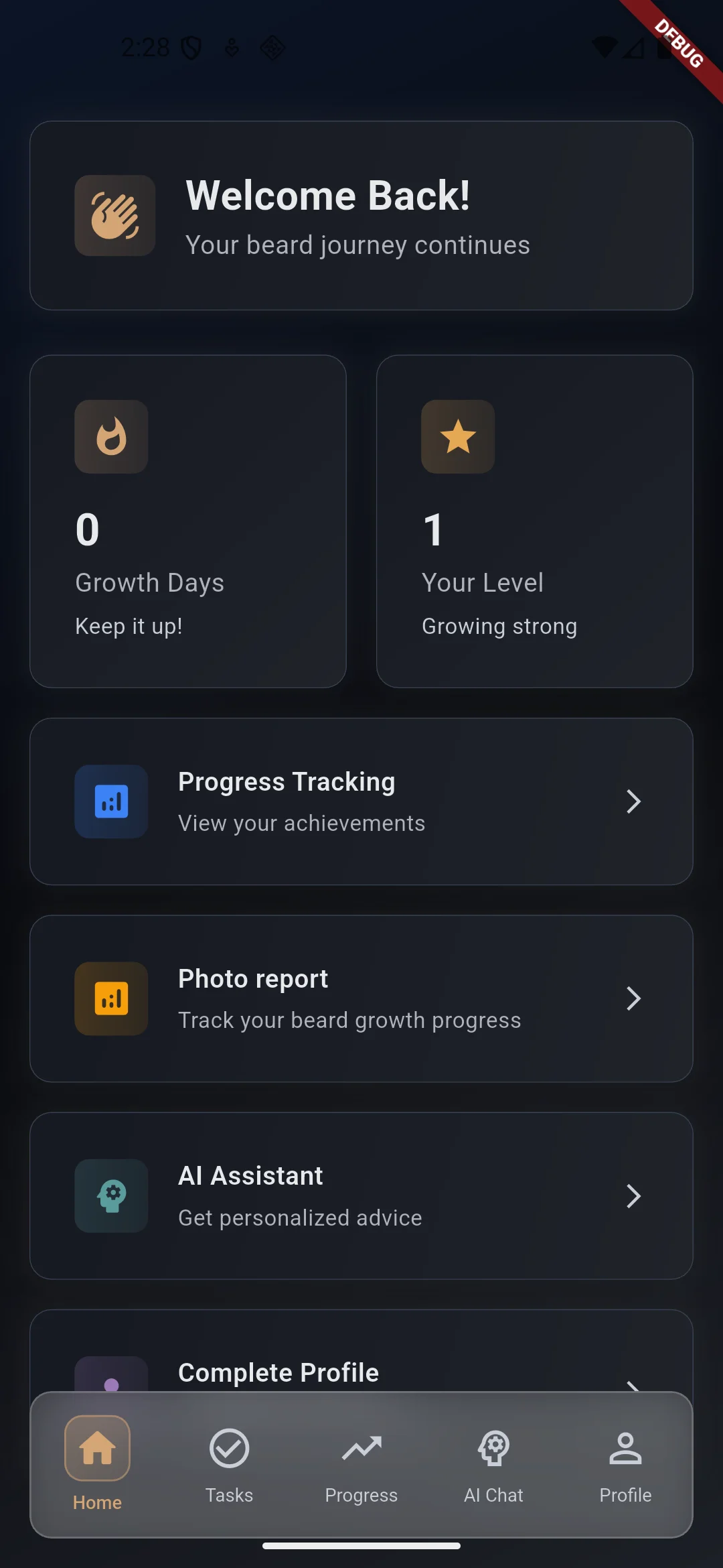 BeardForge app interface showcasing beard growth tracking